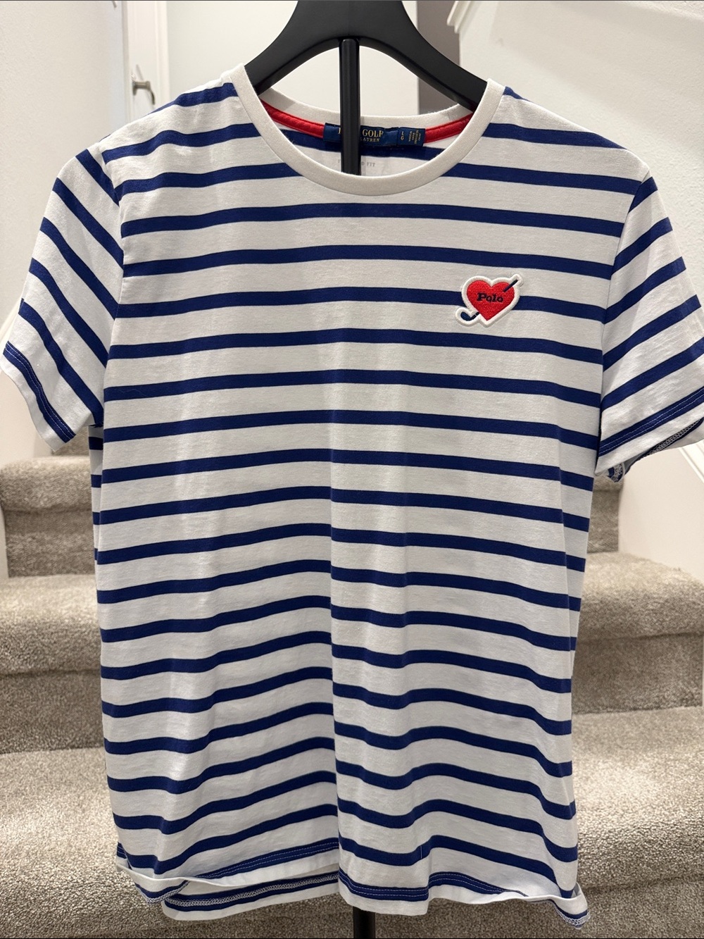 Polo Golf ladies large Striped Tee with Heart Patch - White & Blue